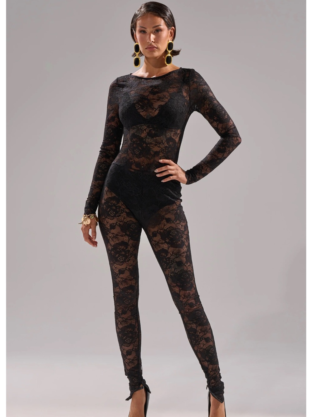 AKIRA Black Lace Bodysuit with Floral Mesh - Picture 2 of 9